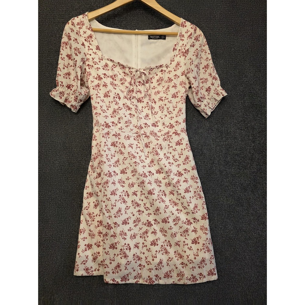 Nasty Gal Dress Womens 2 White Floral Square Puff Sleeve Mini Tie Front Sundress